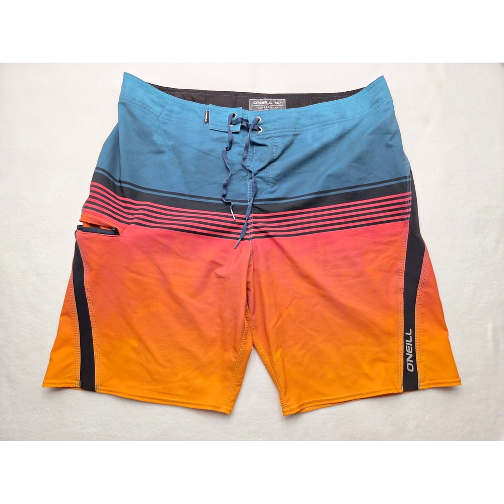 O'Neill Superfreak TB3 Boardshorts Mens 36 Blue Orange Stripe Stretch Surf Swim